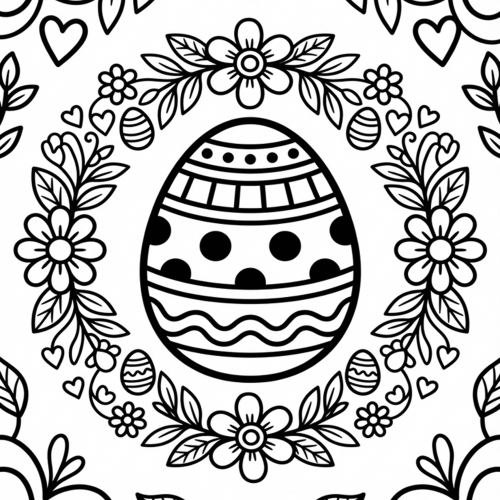 Osterei Mandala mit Blütenkranz, großes gemustertes Osterei mit Blumen, Blättern, Herzen und Ornamenten zum Ausmalen
