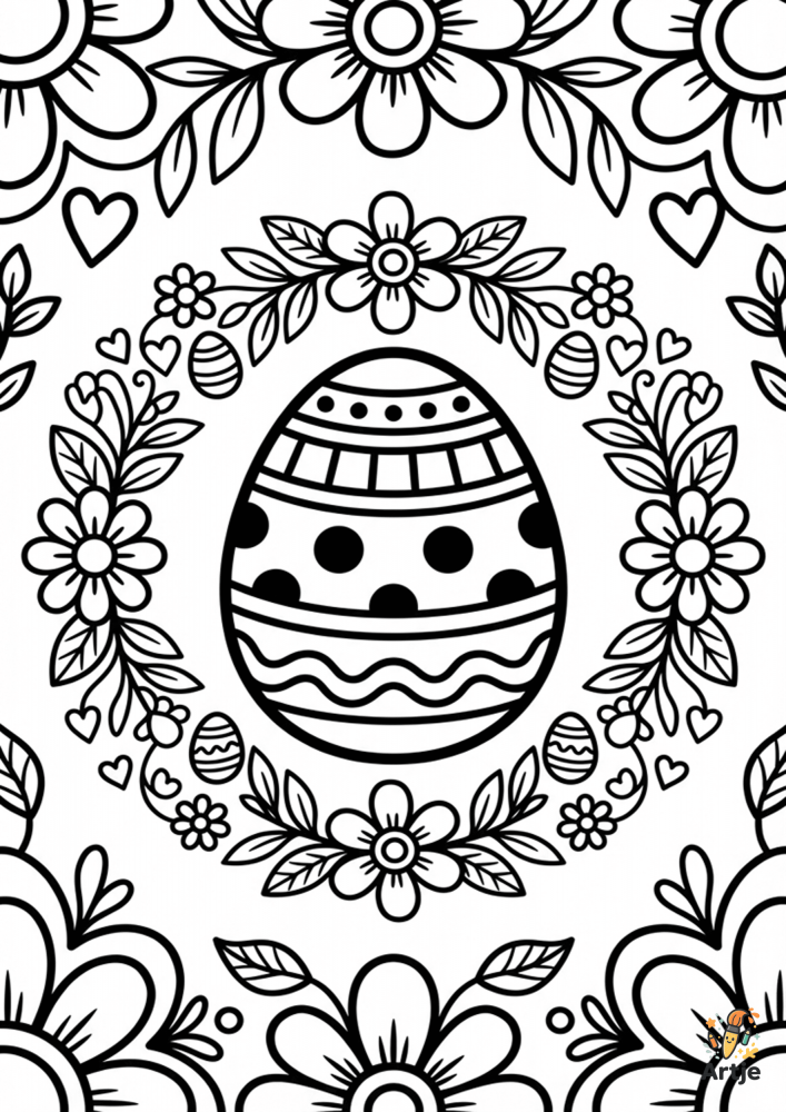 Osterei Mandala mit Blütenkranz, großes gemustertes Osterei mit Blumen, Blättern, Herzen und Ornamenten zum Ausmalen