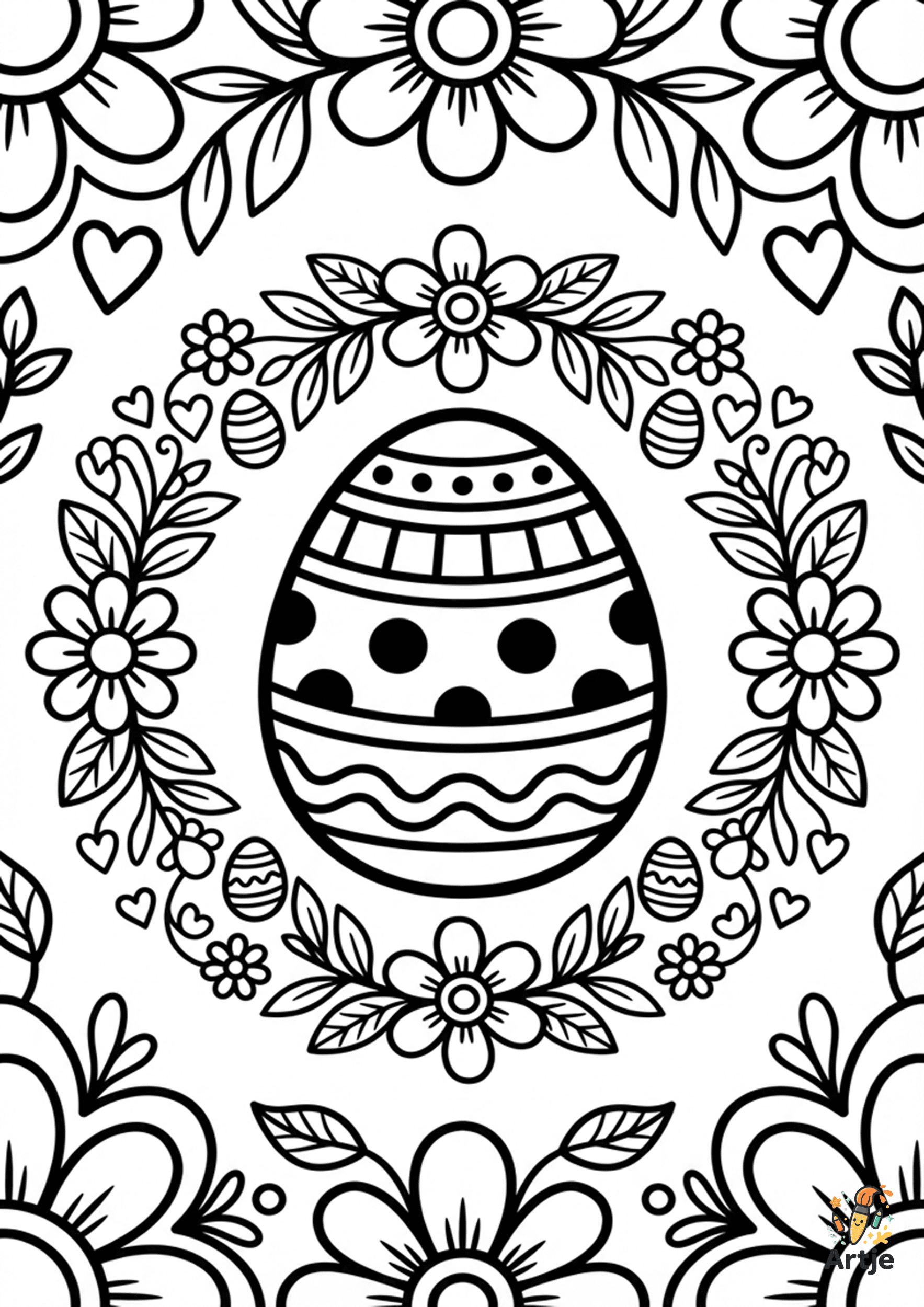 Osterei Mandala mit Blütenkranz, großes gemustertes Osterei mit Blumen, Blättern, Herzen und Ornamenten zum Ausmalen