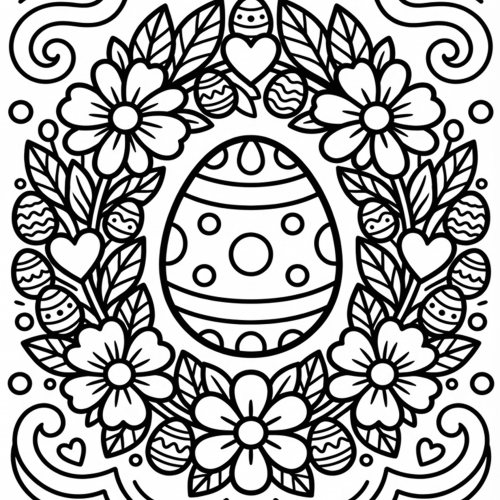 Osterei Mandala mit großem Osterei in der Mitte, Blütenkranz, Blätter, kleine Ostereier, Herzen und dekorative Bordüre zum Ausmalen