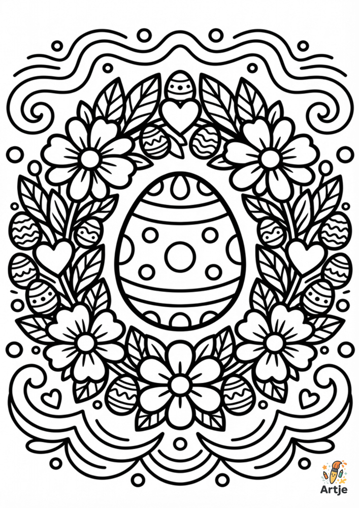 Osterei Mandala mit großem Osterei in der Mitte, Blütenkranz, Blätter, kleine Ostereier, Herzen und dekorative Bordüre zum Ausmalen