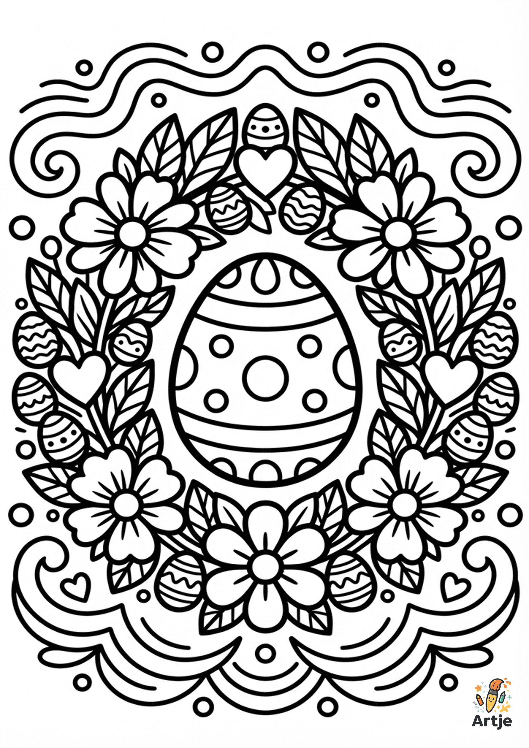Osterei Mandala mit großem Osterei in der Mitte, Blütenkranz, Blätter, kleine Ostereier, Herzen und dekorative Bordüre zum Ausmalen