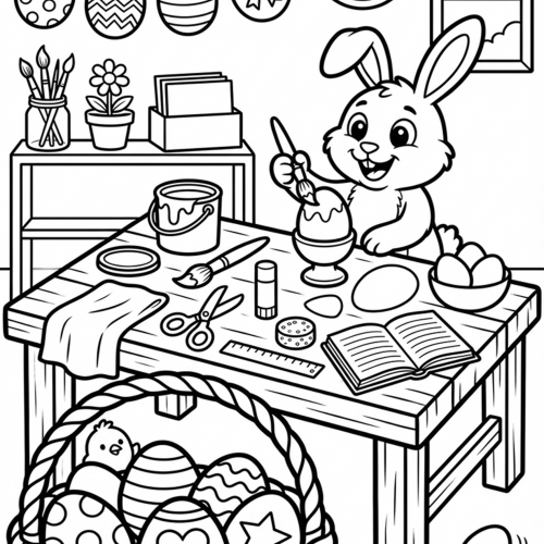 Osterhase bemalt Ostereier am Basteltisch mit Korb voller Eier, Pinsel, Schere und Girlande