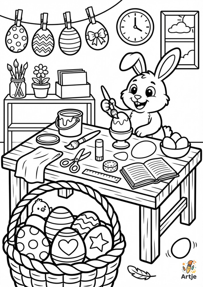 Osterhase bemalt Ostereier am Basteltisch mit Korb voller Eier, Pinsel, Schere und Girlande
