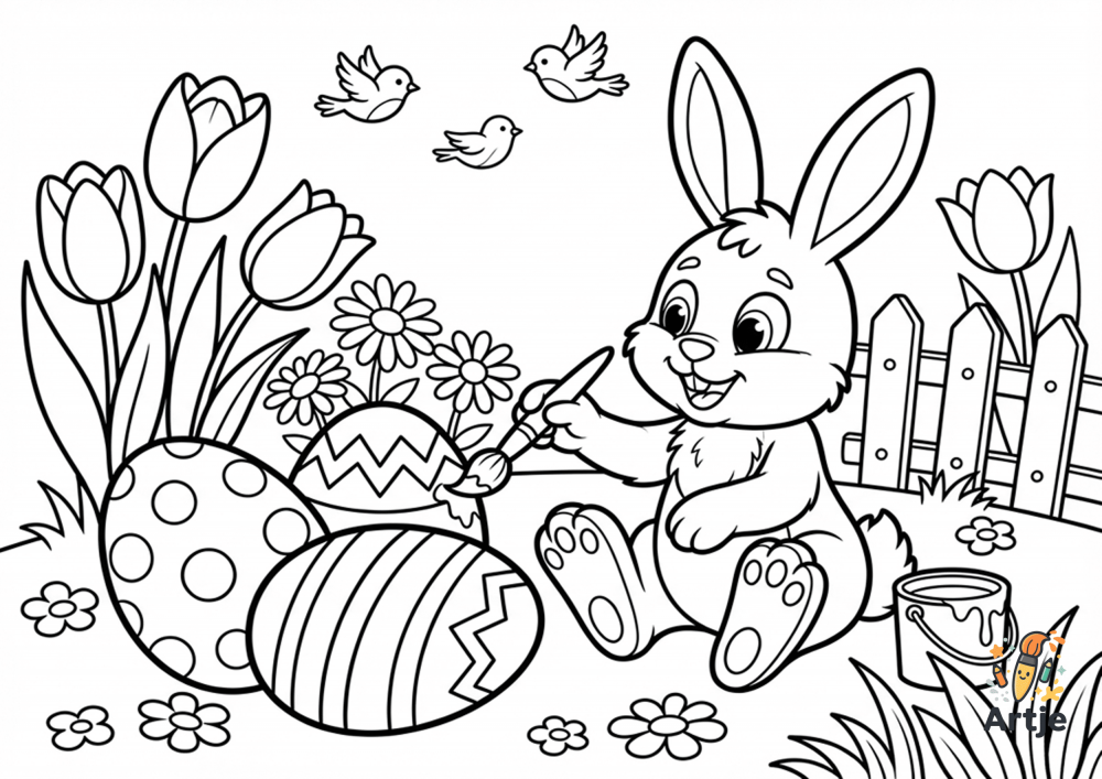 Ein lächelnder Osterhase sitzt im Garten und bemalt mit einem Pinsel ein Osterei, daneben liegen zwei große Eier mit Mustern, dazu Frühlingsblumen, Tulpen, ein kleiner Farbeimer, ein Zaun und drei fliegende Vögel.