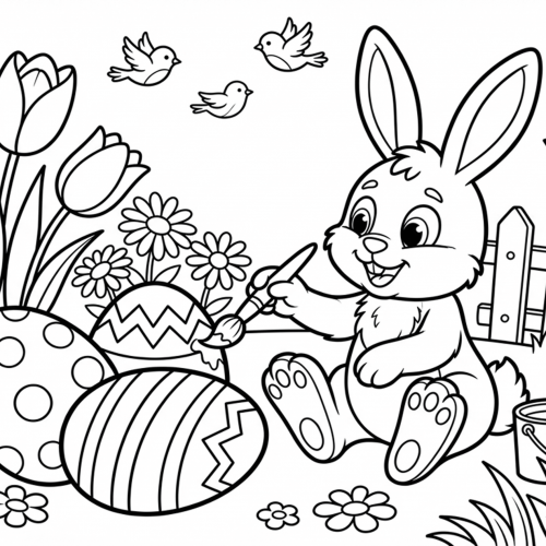 Ein lächelnder Osterhase sitzt im Garten und bemalt mit einem Pinsel ein Osterei, daneben liegen zwei große Eier mit Mustern, dazu Frühlingsblumen, Tulpen, ein kleiner Farbeimer, ein Zaun und drei fliegende Vögel.