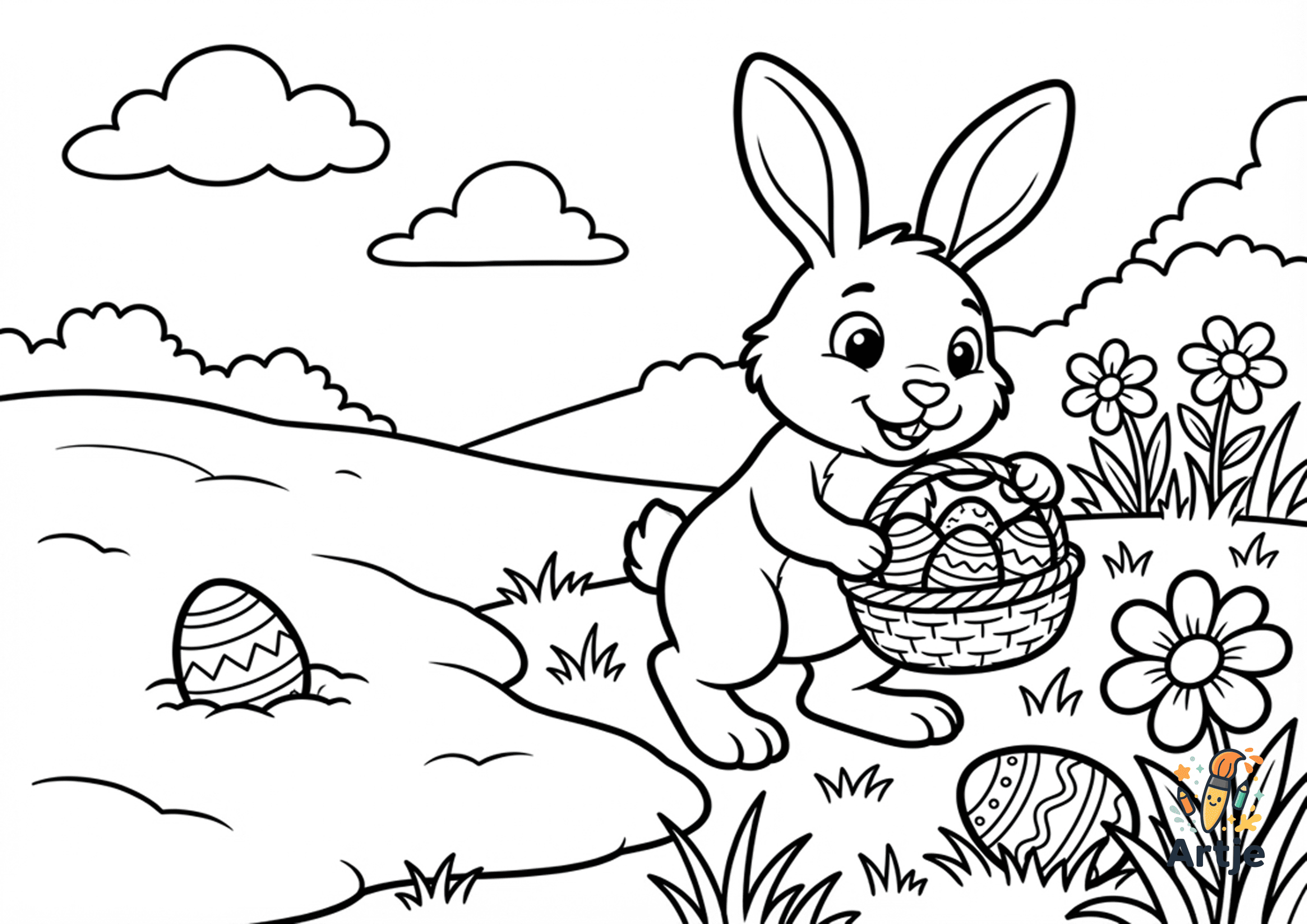 Osterhase Ausmalbild Schnee Eier verstecken mit Korb