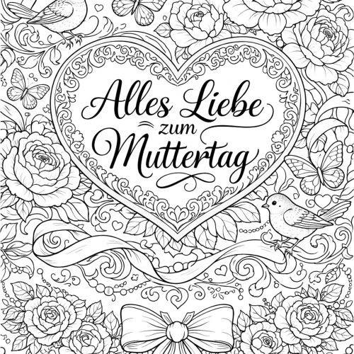 Mutter und Kind in einem Rosenherz als Muttertag Ausmalbild
