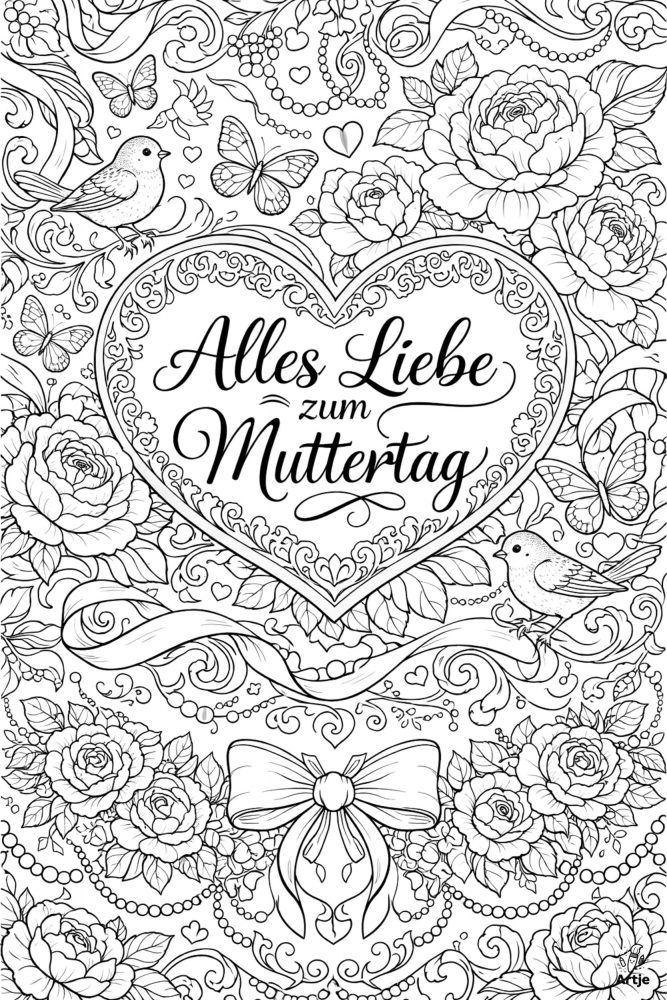 Mutter und Kind in einem Rosenherz als Muttertag Ausmalbild