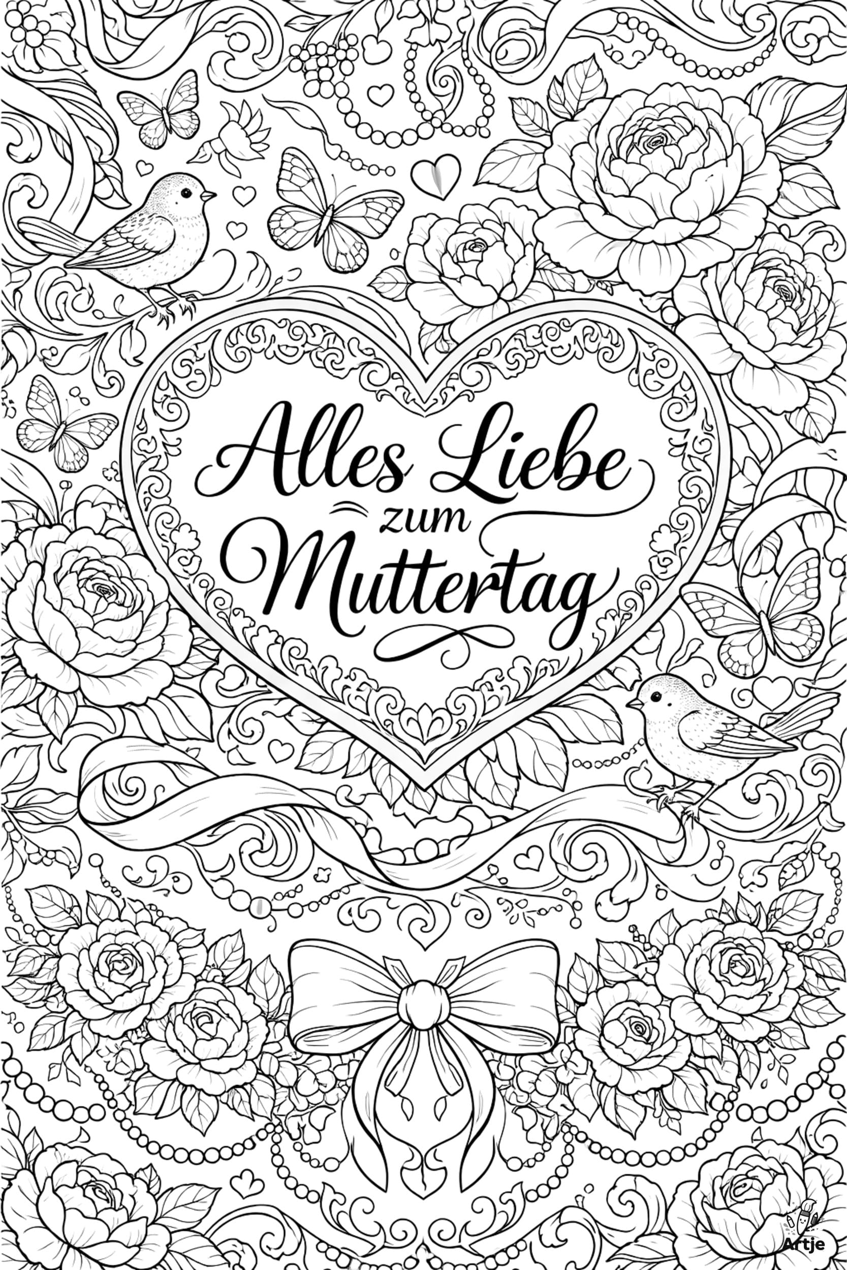 Mutter und Kind in einem Rosenherz als Muttertag Ausmalbild