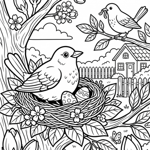 Brütendes Vogelpaar im Nest auf einem blühenden Baum mit Eiern, Haus, Gartenzaun und Frühlingshimmel