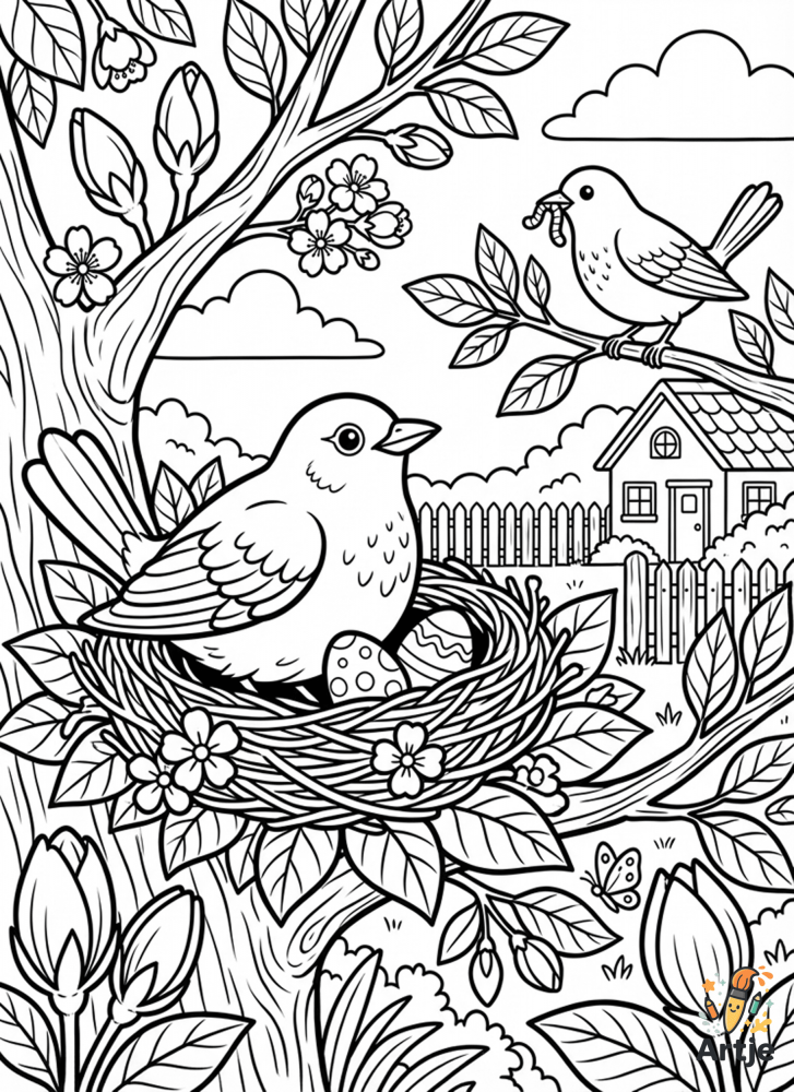 Brütendes Vogelpaar im Nest auf einem blühenden Baum mit Eiern, Haus, Gartenzaun und Frühlingshimmel