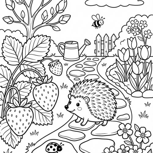 Igel im Garten auf einem Steinweg zwischen Erdbeeren, Blumen, Tulpen und einer summenden Biene