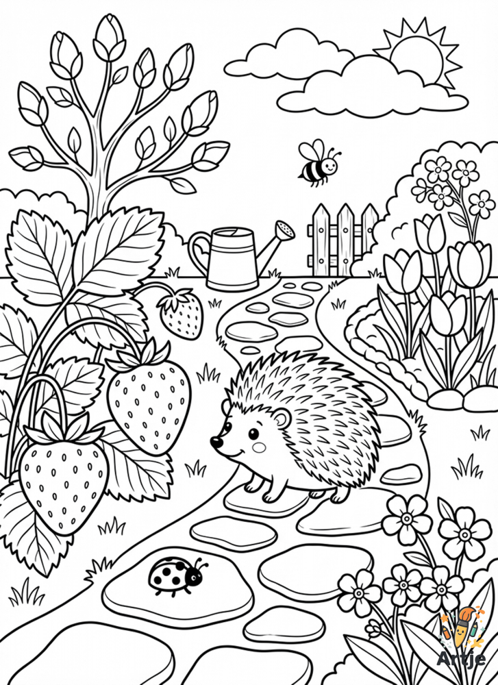 Igel im Garten auf einem Steinweg zwischen Erdbeeren, Blumen, Tulpen und einer summenden Biene