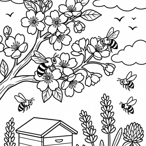 Fleißige Bienen an blühenden Zweigen über einem Bienenstock in einer fröhlichen Frühlingslandschaft