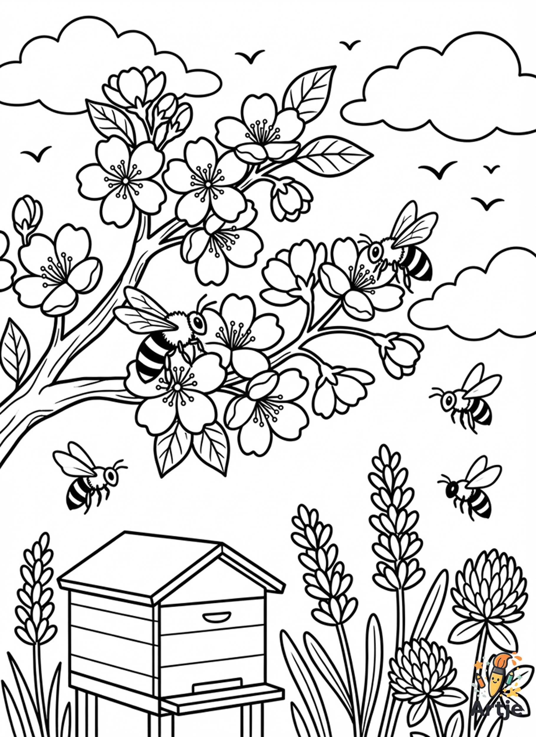 Fleißige Bienen an blühenden Zweigen über einem Bienenstock in einer fröhlichen Frühlingslandschaft