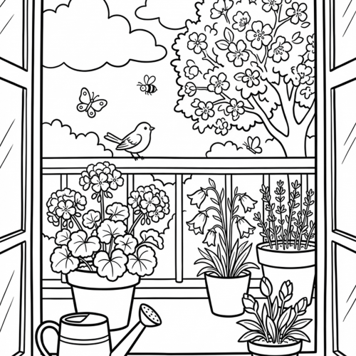 Pflanzen am Fenster mit Blumentöpfen Vogel blühendem Baum und Schmetterlingen als Ausmalbild