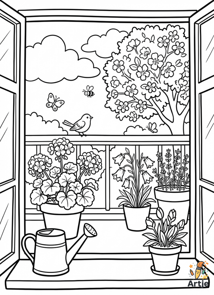 Pflanzen am Fenster mit Blumentöpfen Vogel blühendem Baum und Schmetterlingen als Ausmalbild