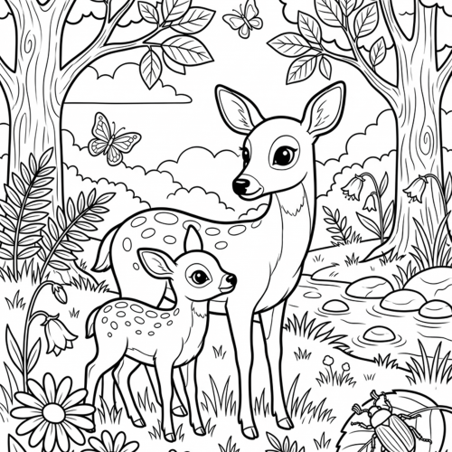 Rehkitz mit Mutter auf einer Waldlichtung mit Bach Blumen Bäumen und Schmetterlingen als Ausmalbild