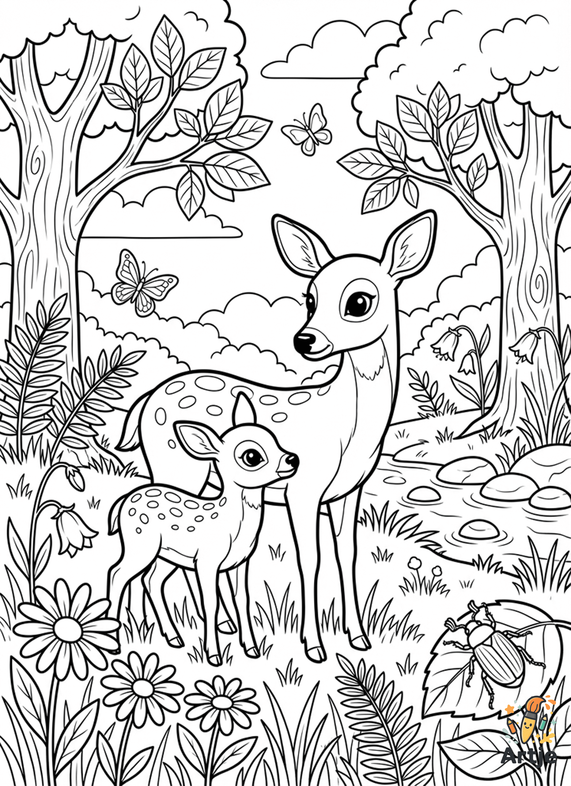 Rehkitz mit Mutter auf einer Waldlichtung mit Bach Blumen Bäumen und Schmetterlingen als Ausmalbild