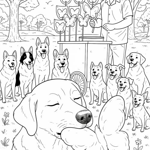 Hund mit Schmetterlingszuckerwatte vor einem Stand mit vielen Hunden im Park als Ausmalbild