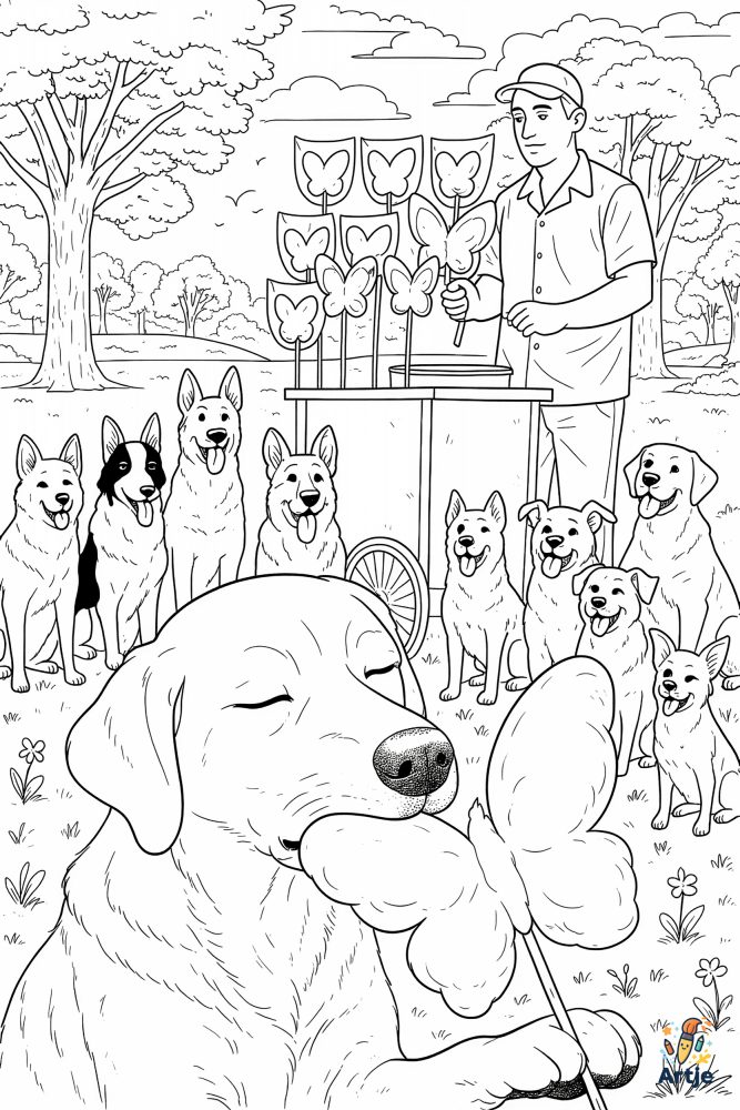 Hund mit Schmetterlingszuckerwatte vor einem Stand mit vielen Hunden im Park als Ausmalbild
