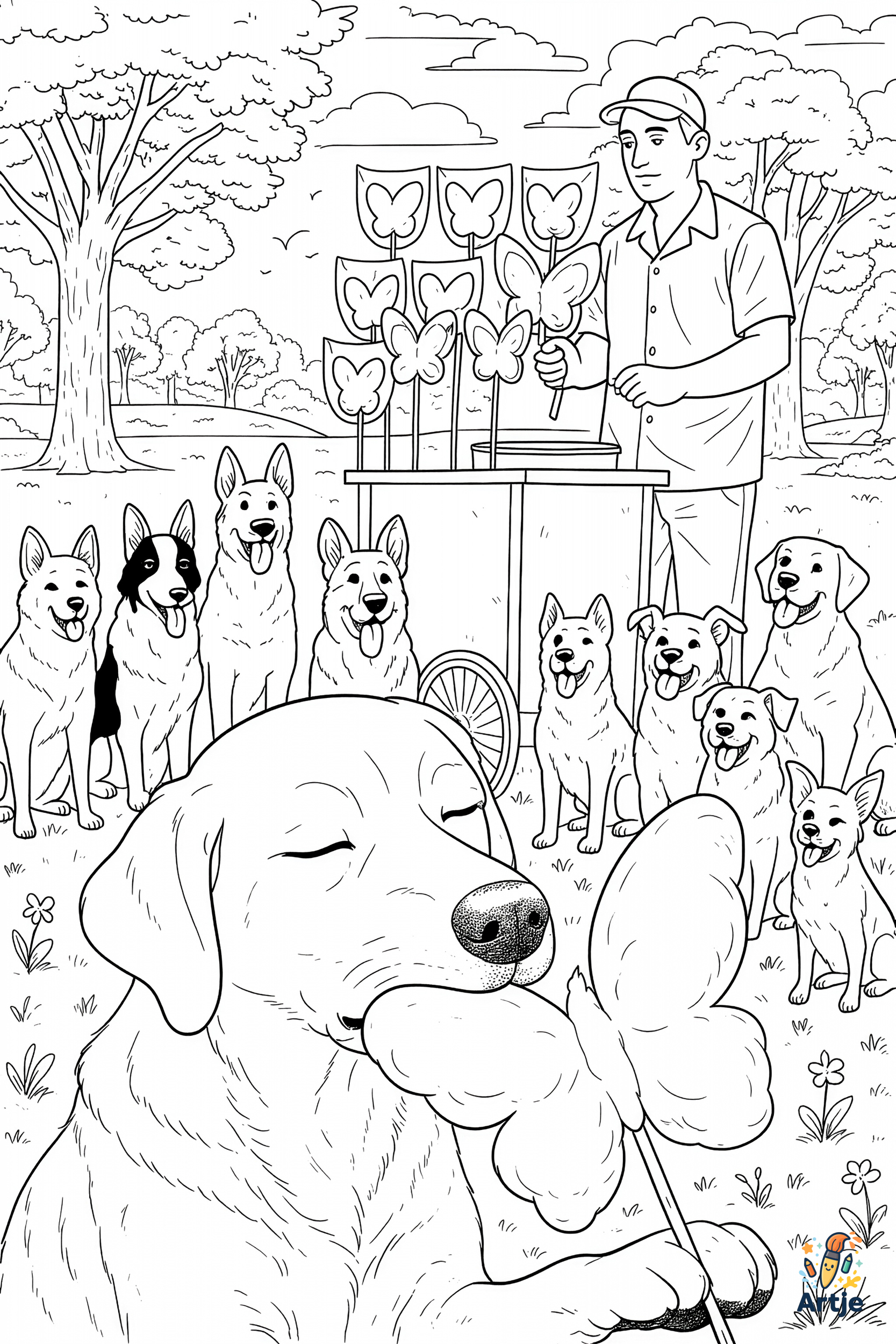 Hund mit Schmetterlingszuckerwatte vor einem Stand mit vielen Hunden im Park als Ausmalbild