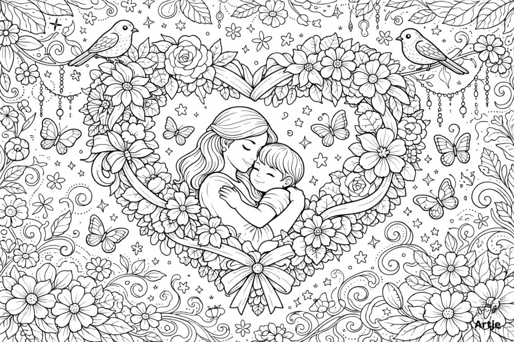 Mutter und Kind in einem großen Blumenherz zum Muttertag