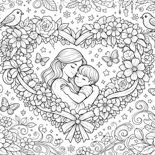 Mutter und Kind in einem großen Blumenherz zum Muttertag