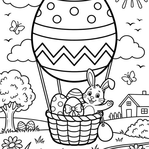 Osterhase in Heißluftballon mit Ostereiern über einer Frühlingslandschaft als Ausmalbild