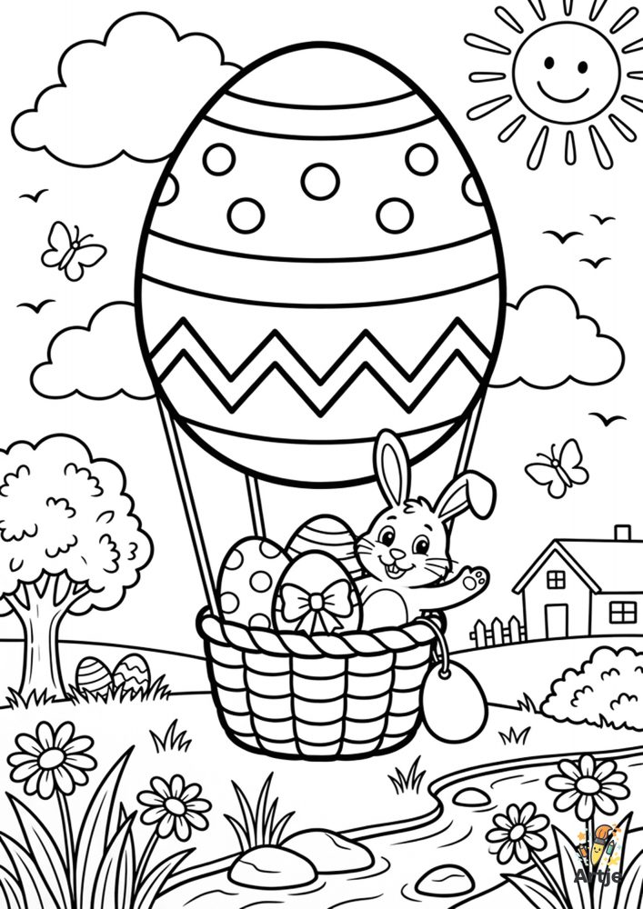 Osterhase in Heißluftballon mit Ostereiern über einer Frühlingslandschaft als Ausmalbild