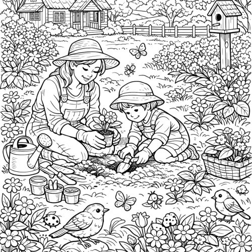 Gartenarbeit mit Mutter und Kind zwischen Blumen als Ausmalbild