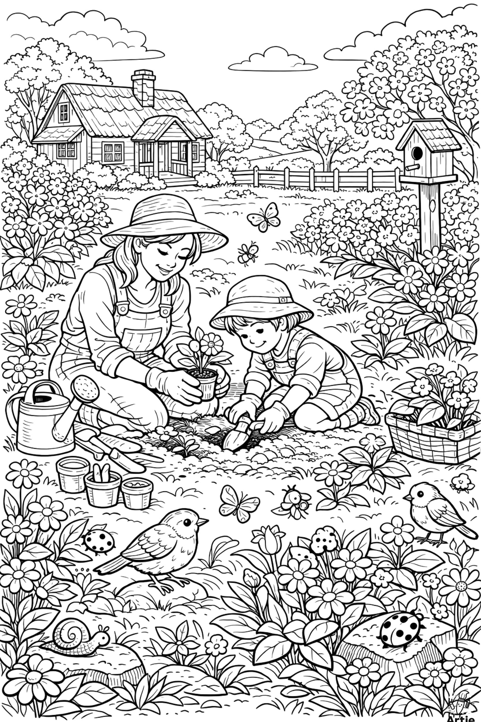 Gartenarbeit mit Mutter und Kind zwischen Blumen als Ausmalbild