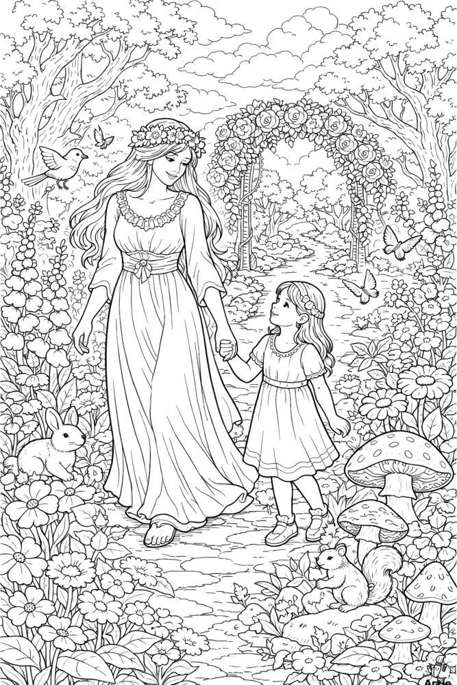 Märchengarten Spaziergang mit Mutter und Tochter als Ausmalbild