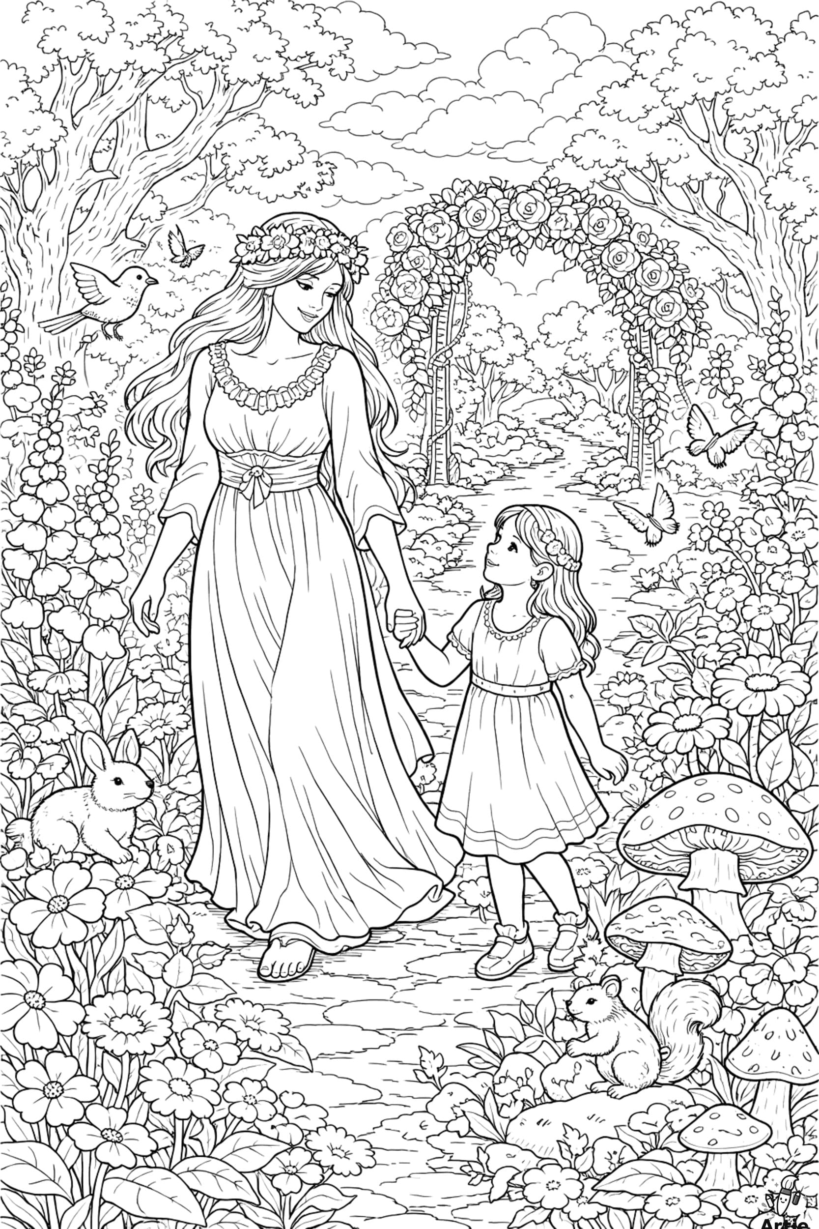 Märchengarten Spaziergang mit Mutter und Tochter als Ausmalbild