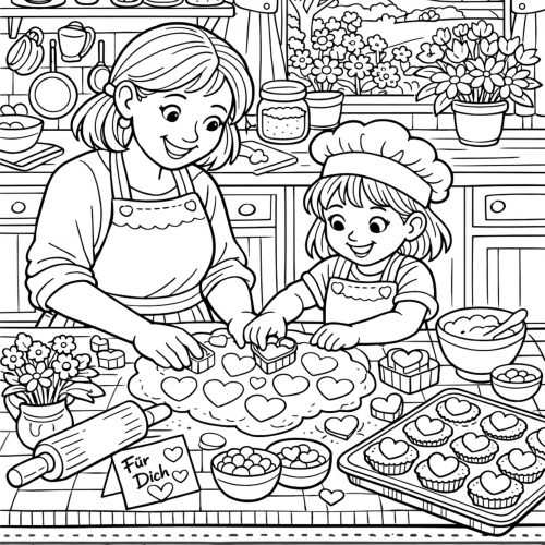 Mutter und Kind backen Herzplätzchen in der Küche Ausmalbild