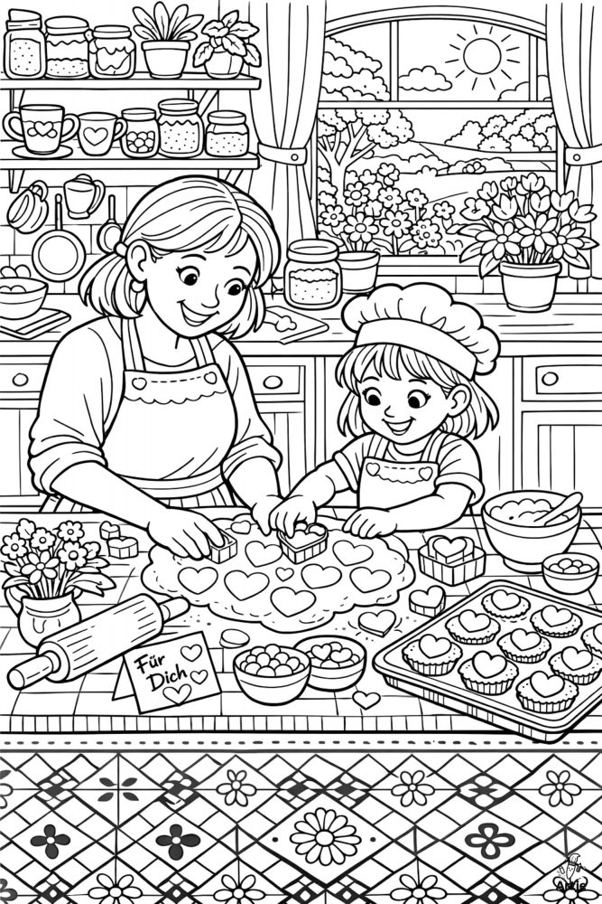 Mutter und Kind backen Herzplätzchen in der Küche Ausmalbild