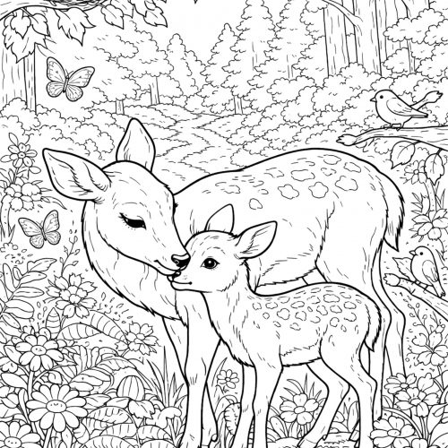 Rehmama mit Kitz im Wald als Ausmalbild