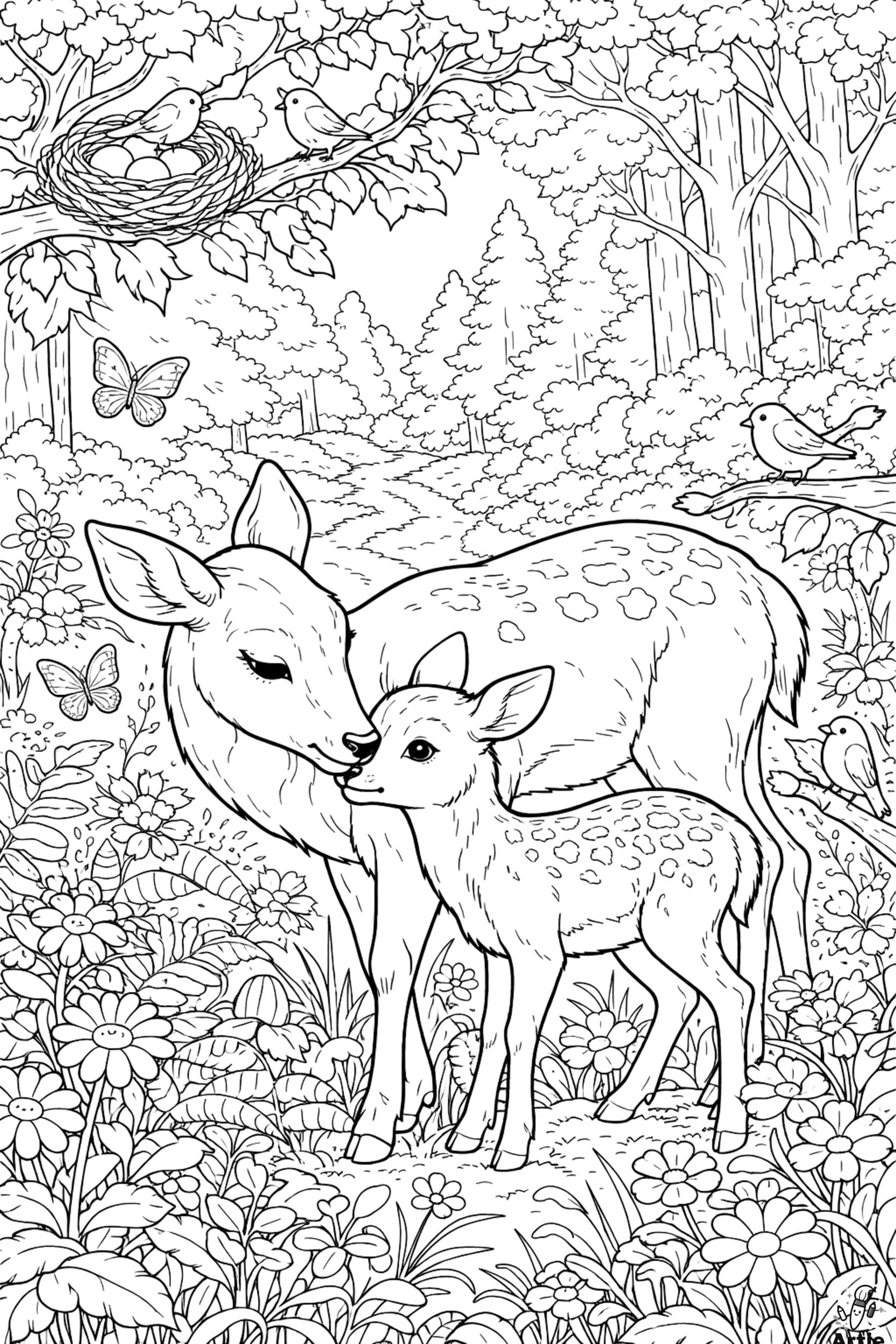 Rehmama mit Kitz im Wald als Ausmalbild