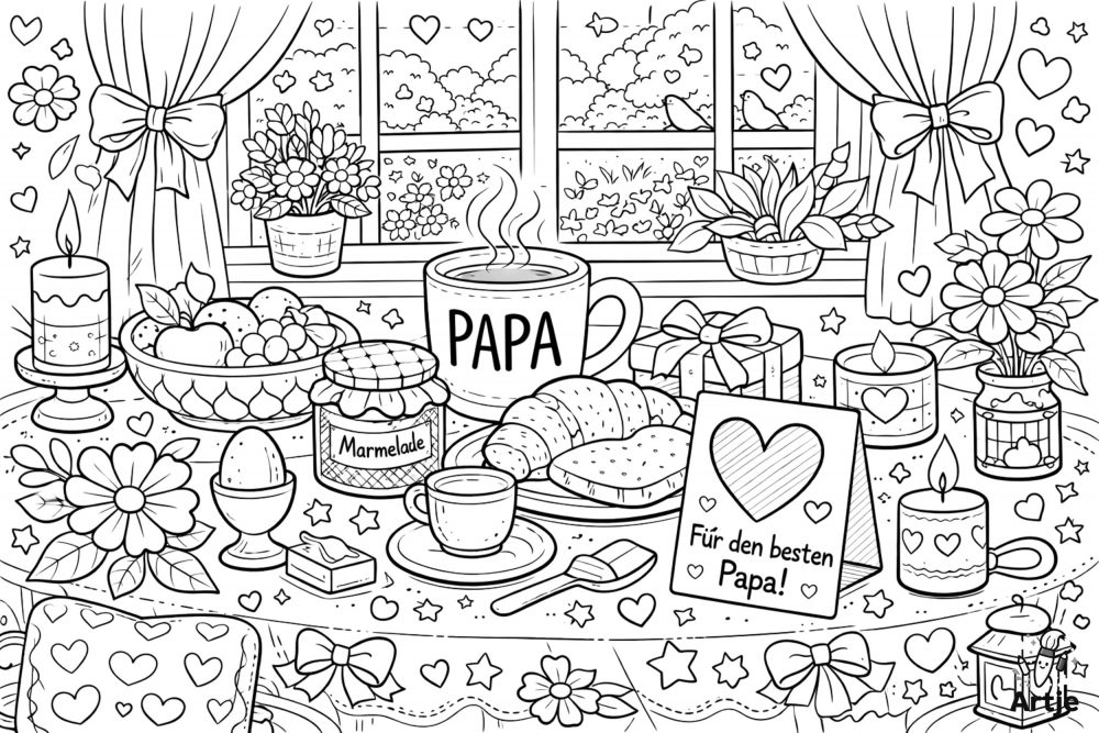 Vatertag Frühstück für den besten Papa Ausmalbild mit Tasse und Karte