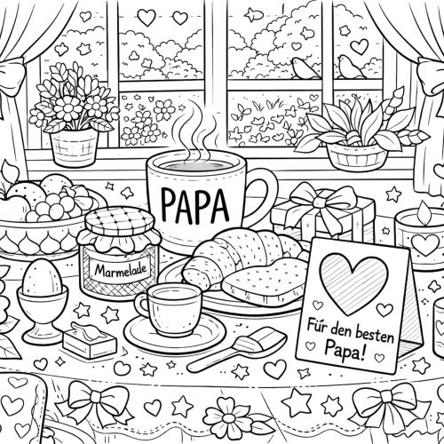Vatertag Frühstück für den besten Papa Ausmalbild mit Tasse und Karte