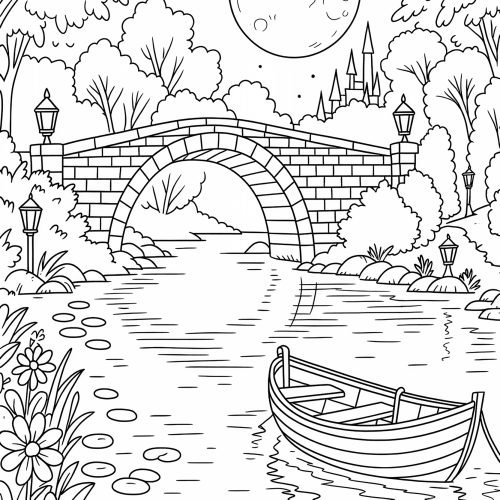 Boot auf ruhigem Fluss vor Steinbrücke mit Bäumen Mond und Schloss Ausmalbild