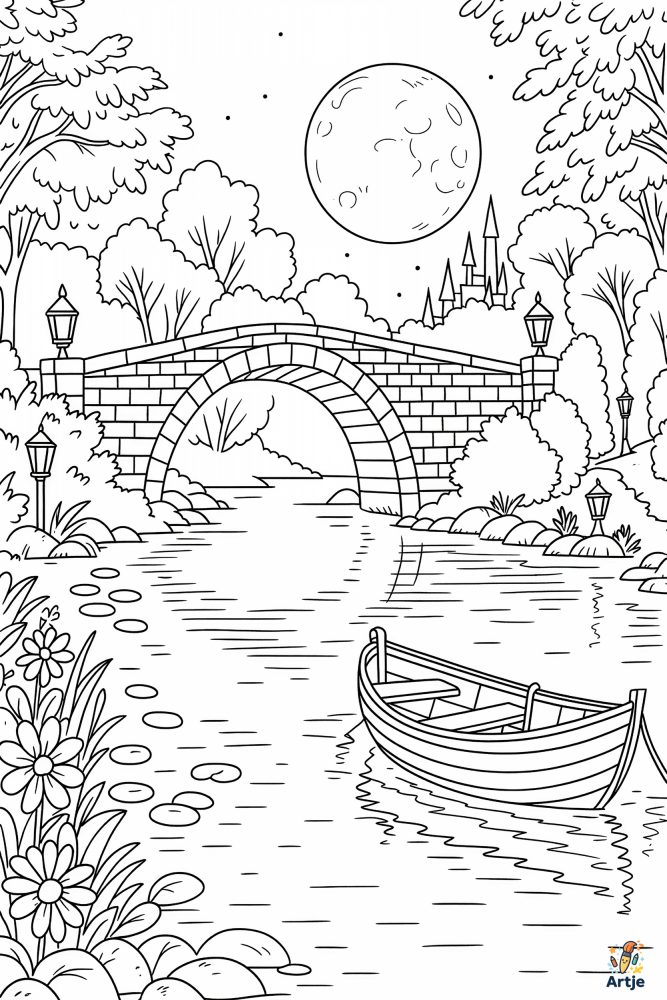 Boot auf ruhigem Fluss vor Steinbrücke mit Bäumen Mond und Schloss Ausmalbild