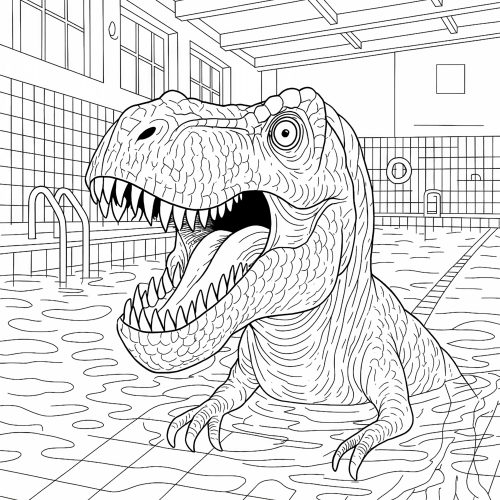 T-Rex Dinosaurier im Schwimmbad als Ausmalbild