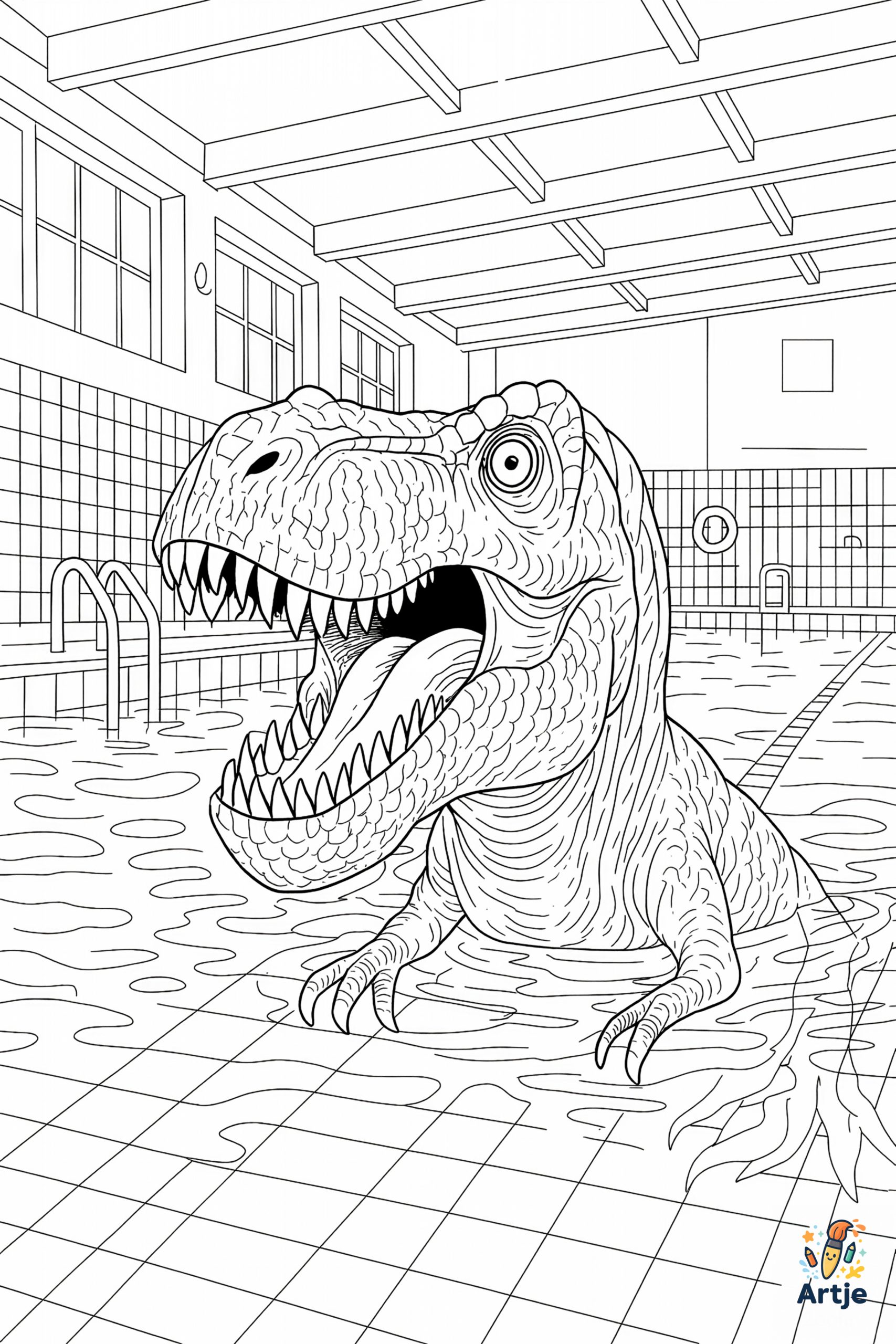 T-Rex Dinosaurier im Schwimmbad als Ausmalbild