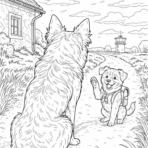 Ausmalbild zwei Hunde auf einem Abenteuerpfad mit Rucksack und Landschaft