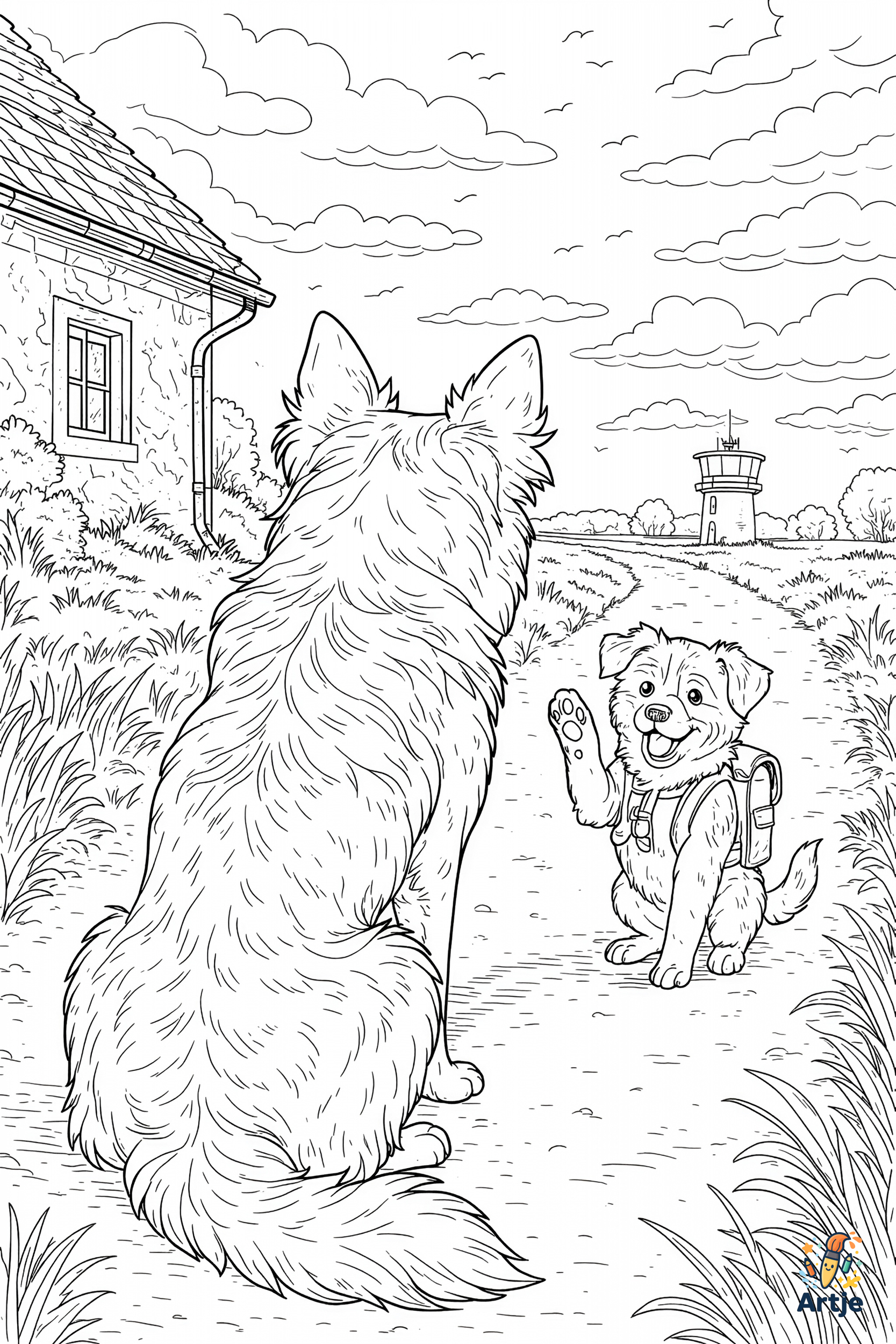 Ausmalbild zwei Hunde auf einem Abenteuerpfad mit Rucksack und Landschaft