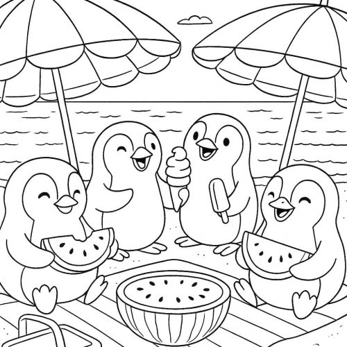 Ausmalbild vier Pinguine beim Picknick am Strand mit Wassermelone, Eis und Sonnenschirmen
