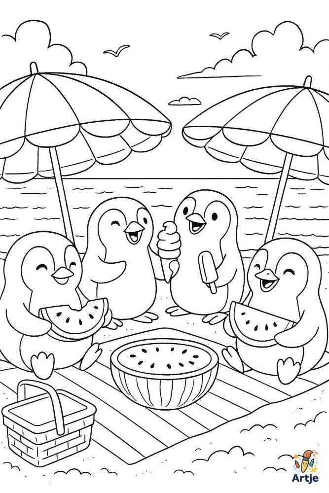 Ausmalbild vier Pinguine beim Picknick am Strand mit Wassermelone, Eis und Sonnenschirmen