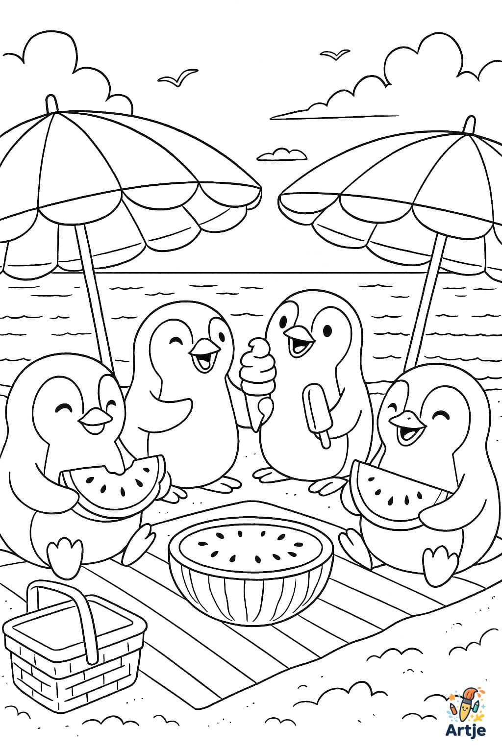 Ausmalbild vier Pinguine beim Picknick am Strand mit Wassermelone, Eis und Sonnenschirmen